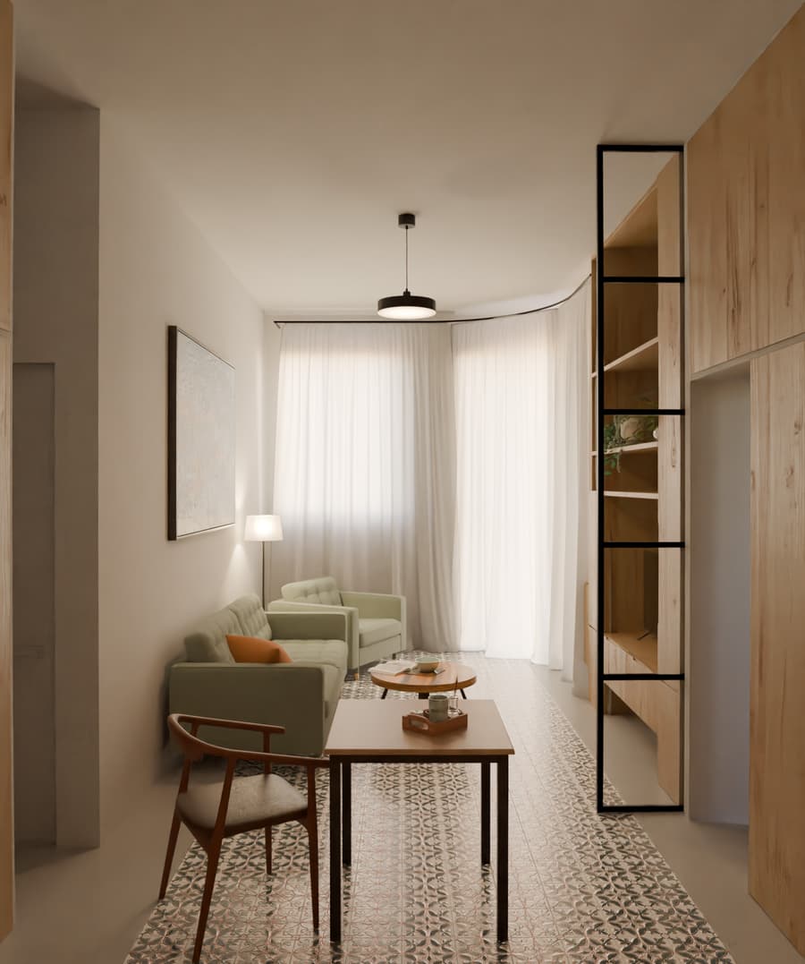 Salón comedor luminoso con cortinas de lino, Rei Martí