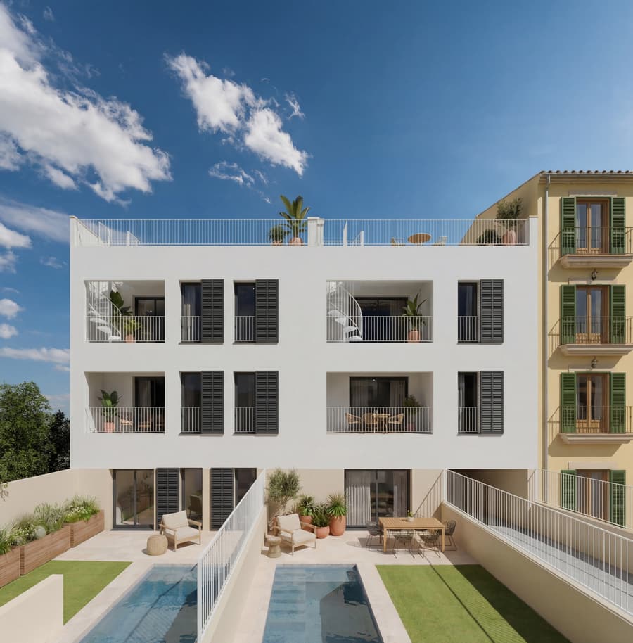 Vivienda plurifamiliar con piscina, fachada, Santa Maria del Camí