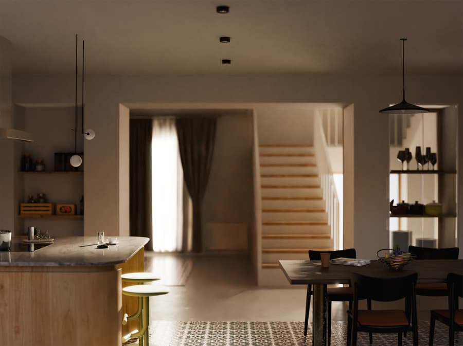 Perspectiva de cocina y comedor integrados, Santa Teresa