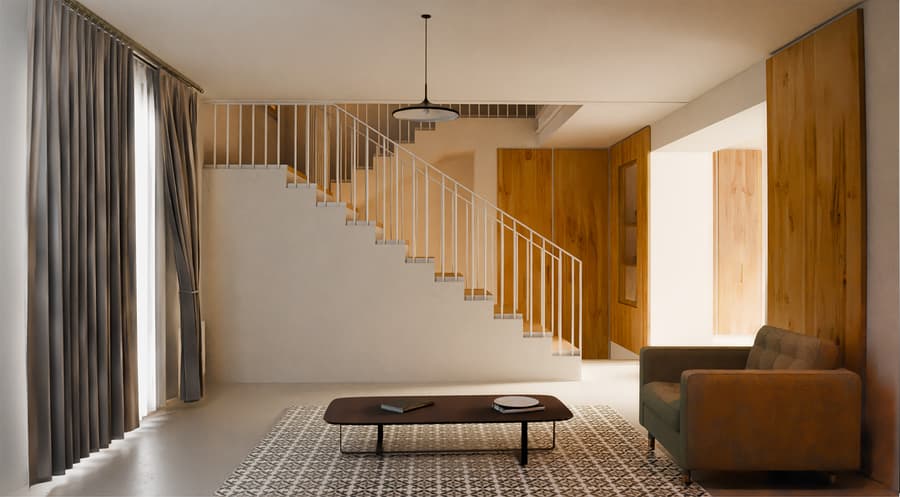 Salón moderno de doble altura con madera, Santa Teresa