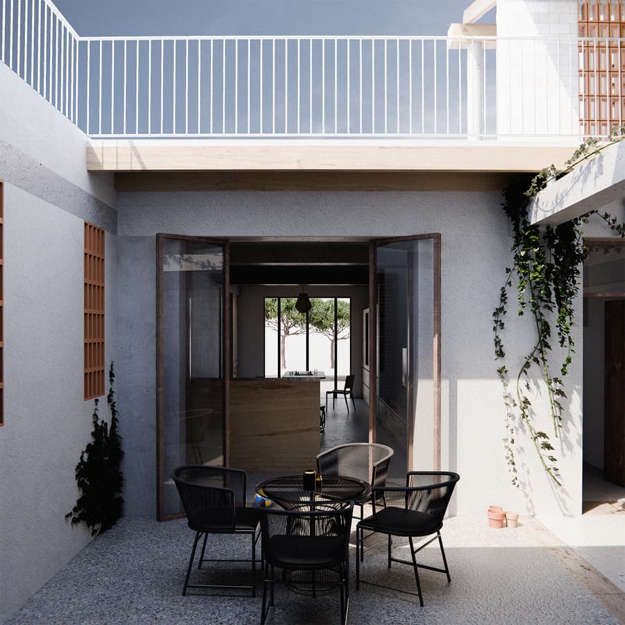 Fachada interior de vidrio hacia el patio, Vilafranca de Bonany
